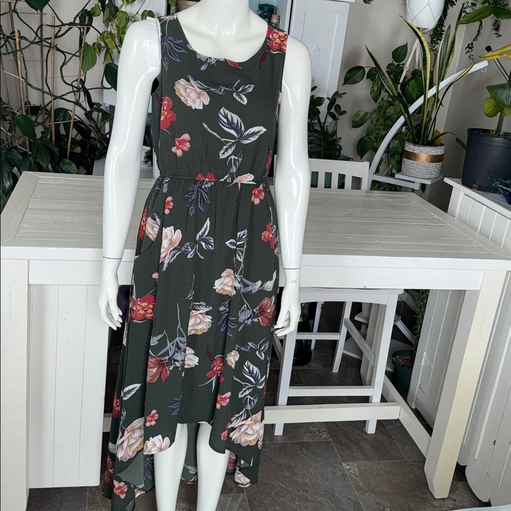 Suzy Shier Sleeveless Dark Green Floral High Low Midi Dress sm NWOT